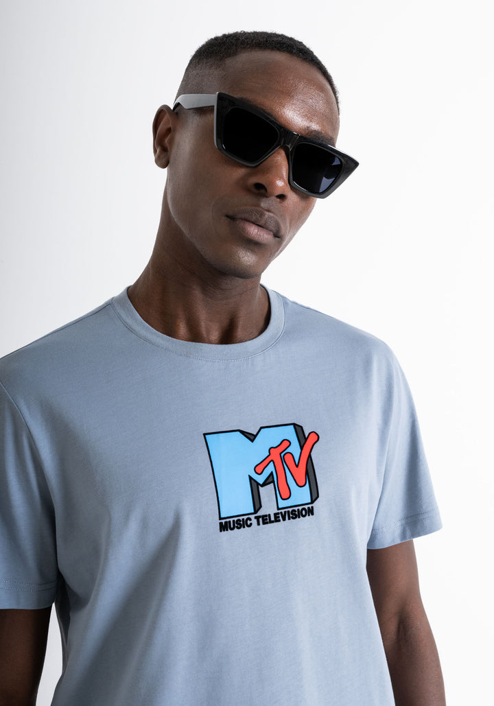 T-SHIRT REGULAR FIT AQUA DE JERSEY ALGODÓN CON LOGOTIPO DE "MTV"